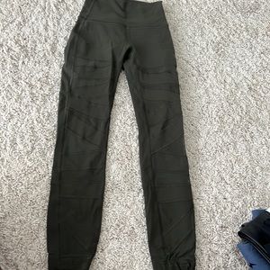 Army green leggings with fun mesh detail on front of legs